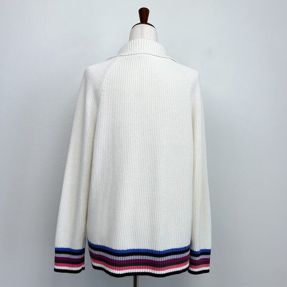 Talbots Cream Stripe Sweater Knit Fold-Over Collar Quarter-Zip Pullover - Picture 7 of 8